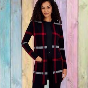 Kasper Black Red White Windowpane Plaid-Print Notch-Collar Cardigan